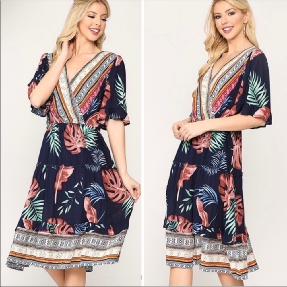 Flowy Boho Mixed Print Tiered Ruffled Dress